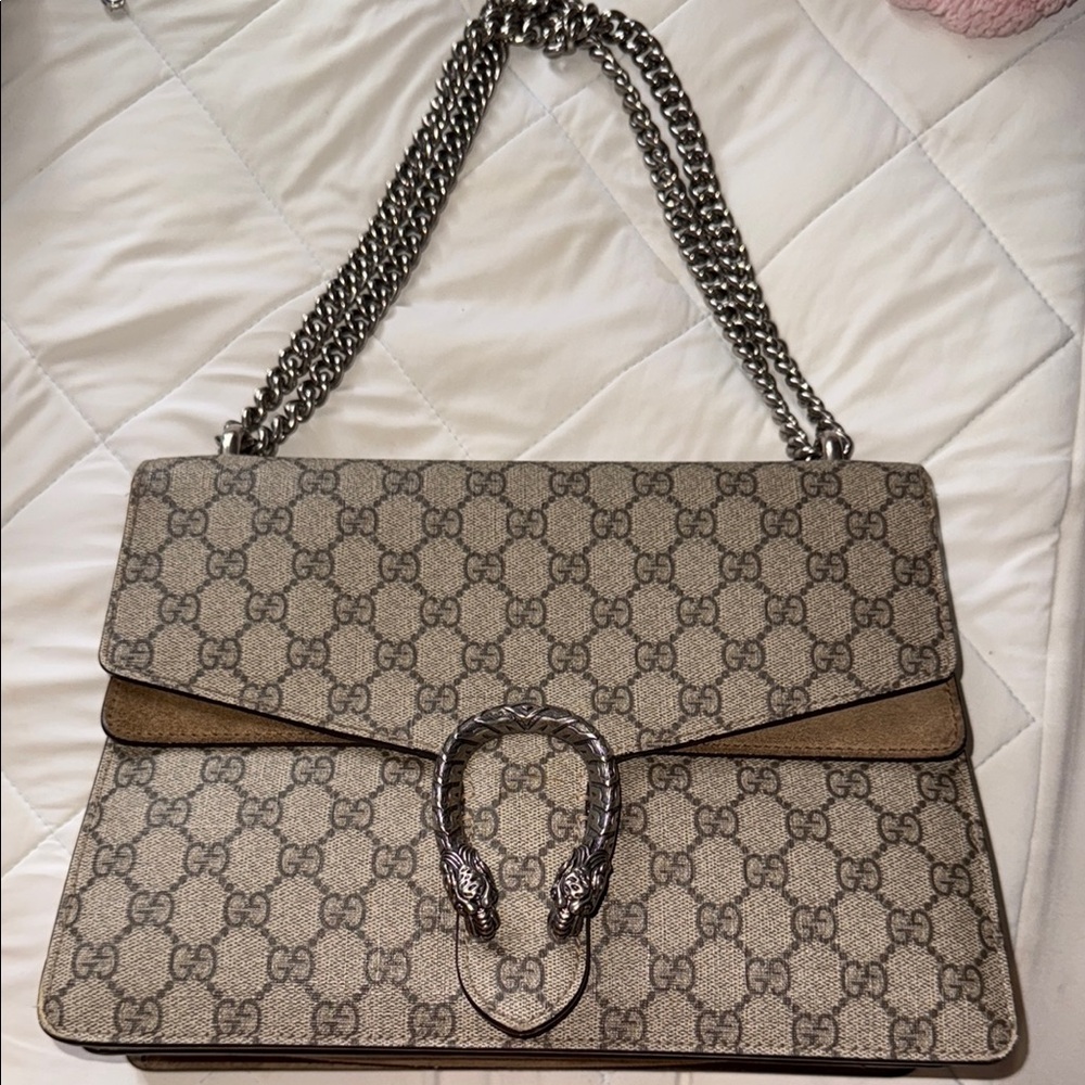 Gucci Beige and Brown large Shoulder Bag with Silver Chain